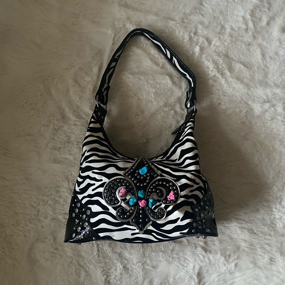 Hobo Shoulder Bag Zebra Print with Patent Black, Rhinestones, Turquoise & Pink - Picture 2 of 16